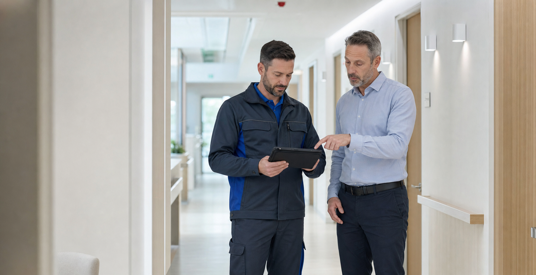Facilities manager reviewing a service record on a tablet with a Matrix technician in a healthcare corridor